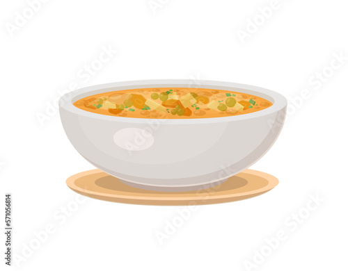 Bowl of vegetable soup. Orange, with carrots, potatoes, peas, spring onions, parsley. Vector illustration