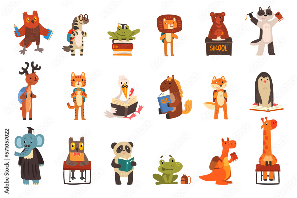 Set of wild animals students. Funny owl, lion, bear, tiger, penguin