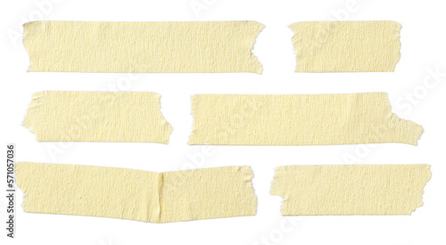 six pieces / strips of ripped yellow textured adhesive kraft paper / masking tape, attach something or use as labels and add some text - isolated design element	
