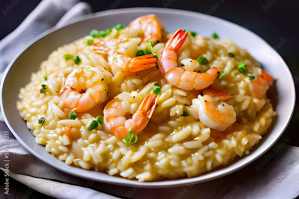 Risoto de camarão com pedaços de salsa picada por cima Risoto de camarão com pedaços de salsa picada por cima