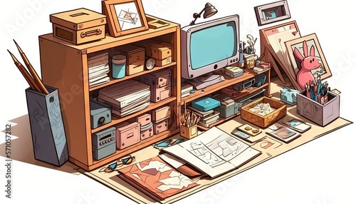  a cartoon of a desk with a computer and other items on it and a television on top of a bookcase with pictures on it. generative ai