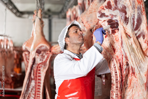 Male butcher inspecting temperature of beef with food thermometer