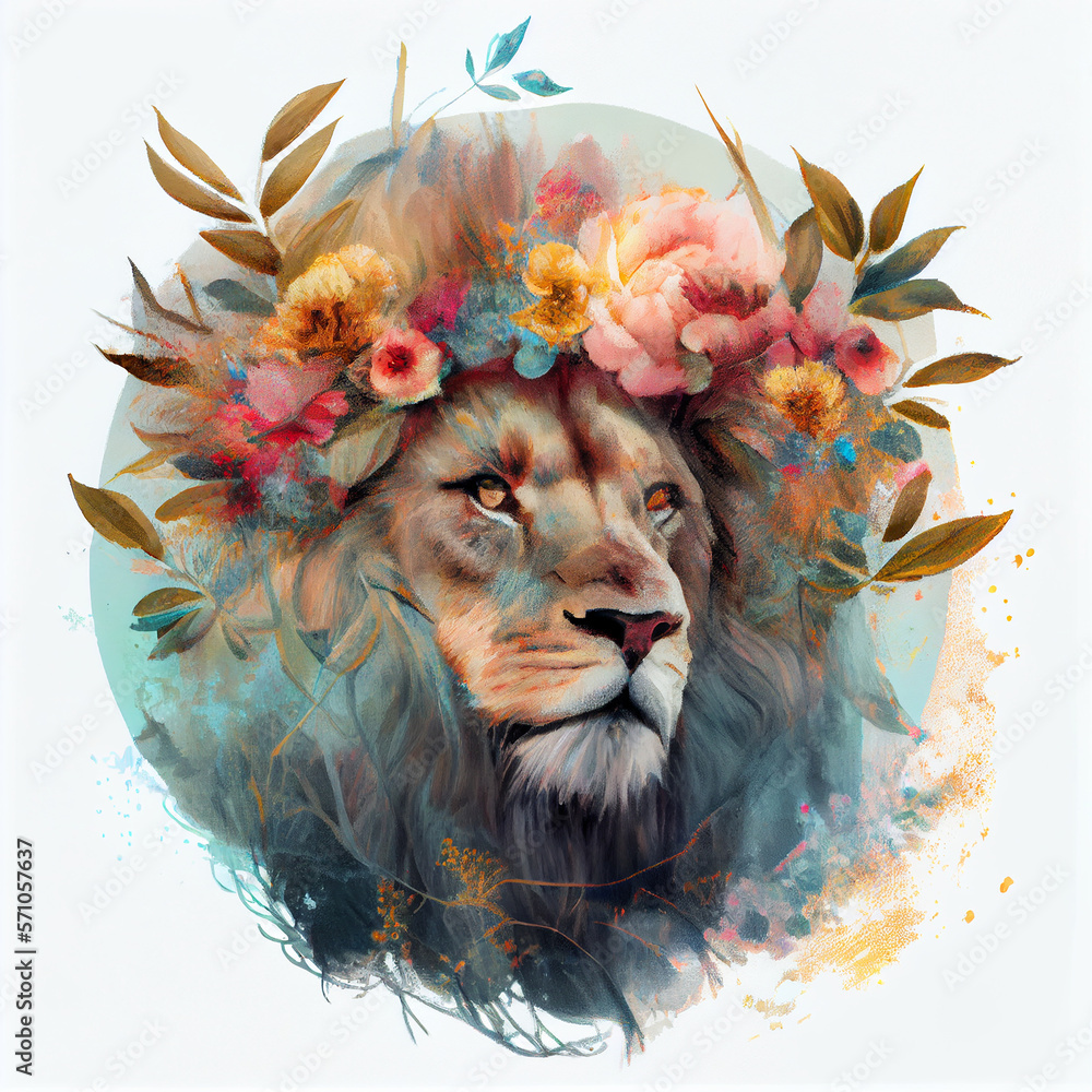 Lion with a flower crown, King lion generative ai