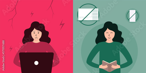 National Day of Unplugging. Illustrations before and after rest from the devices