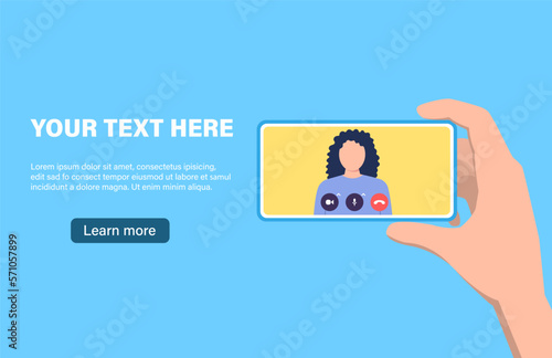 Landing page of a girl talking while holding a phone. The concept of virtual conversations © MikeLegend