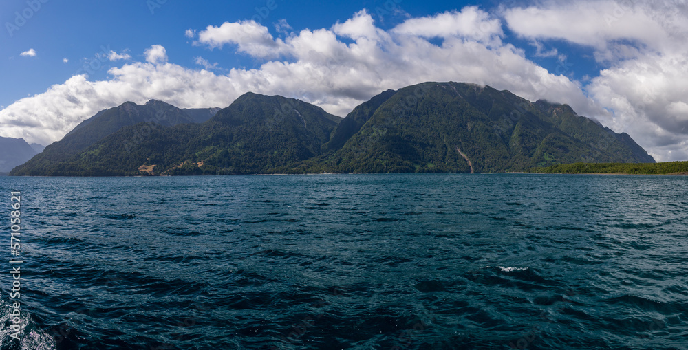 Panorama of mountains on Todos Los Santos lake between Chile and Argentina