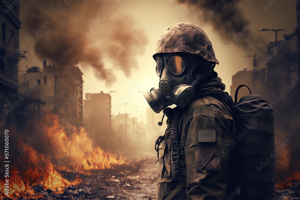 image, a soldier with a gas mask ruined an apocalyptic city ,generative ai