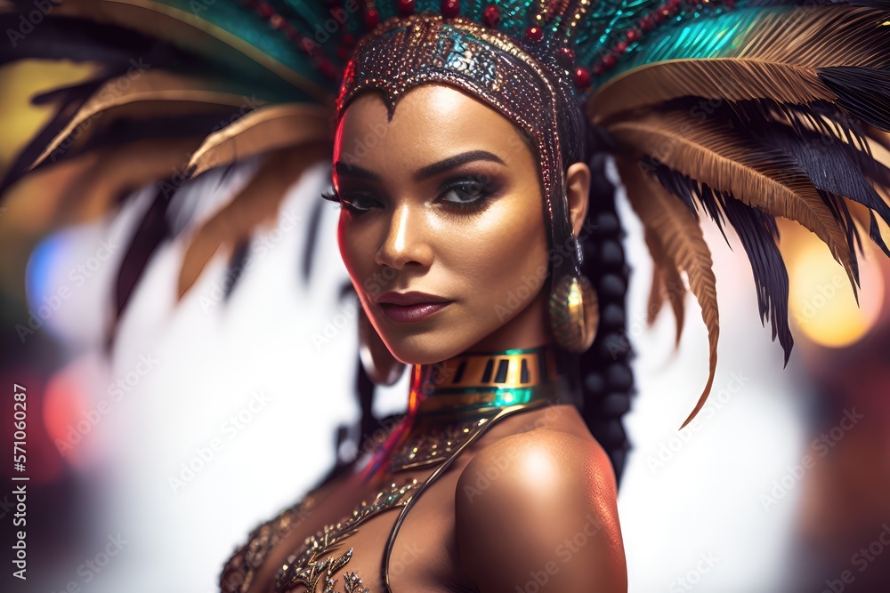Exotic brazilian young woman dressed for Carnival looking at the camera.  Generative AI Stock Illustration