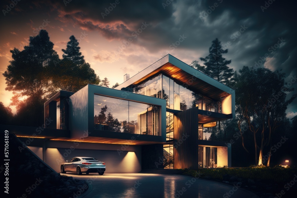 Luxury modern residence building - family villa house with a futuristic ...