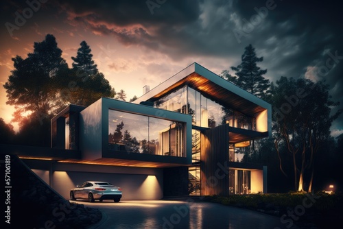 Luxury modern residence building - family villa house with a futuristic design, dark mood exterior. AI generative for Real estate companies. © Nataly