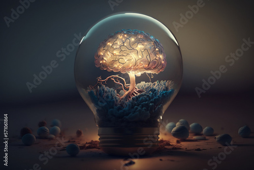 3D brain in a light bulb created with generative ai 