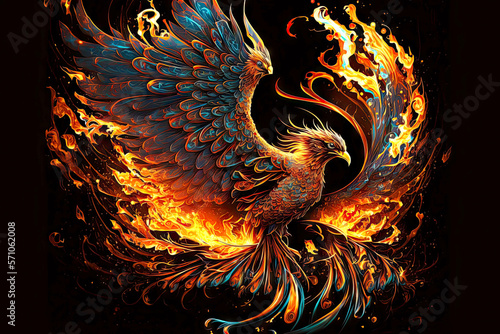 mythological bird in flames phoenix firebird, generative ai