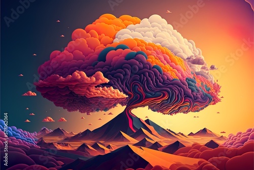 Fototapeta Psychedelic volcano with colorful smoke, Generative AI