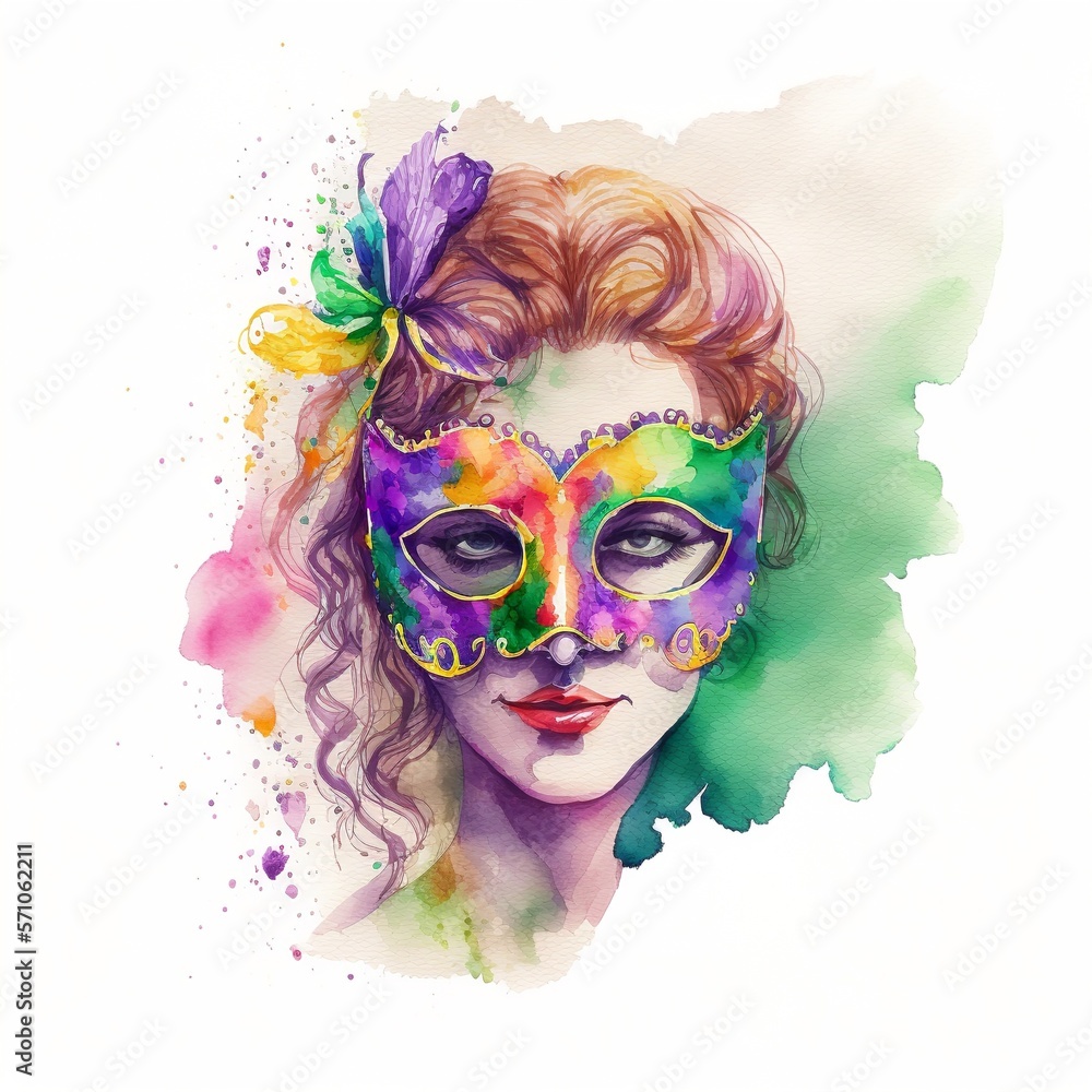 Watercolor portrait of woman going to Mardi Gras festival, Generative AI