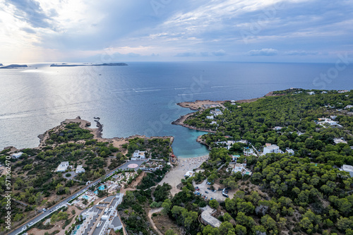 Aerial photographs of San Antonio, in the island of Ibiza during a sunny summer day with blue sky and turquoise water