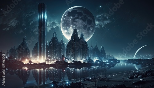 Futuristic city with modern tower at moonlight
