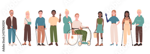 Diverse people with disability set vector illustration. Cartoon boy sitting in wheelchair, girls with prosthesis and blind man with stick, person with crutches, group of characters standing together