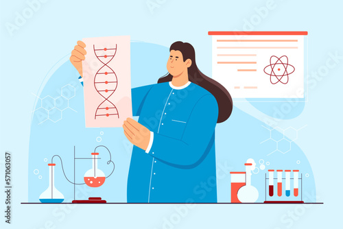 DNA laboratory research of female scientist vector illustration. Cartoon woman holding DNA helix model of sequencing genes, genetic analysis and lab experiment for innovation science development