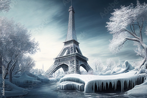 European city in apocalyptic winter, snow and ice due to energy crisis, fiction view