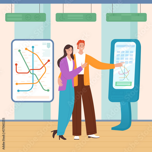 Self service to buy transport tickets for city travel vector illustration. Cartoon couple using kiosk with map and interactive panel, passengers check information on screen and choose subway train