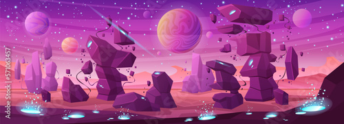 Magic landscape of alien planet in space vector illustration. Cartoon purple fantasy scene in alien cosmos with crystals and violet rocks on surface, stars and satellite in sky of fantastic background