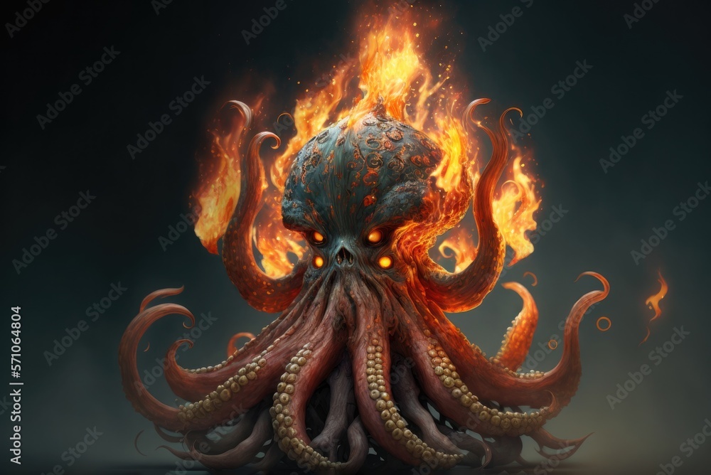 Obraz premium Abstract illustration of a burning octopus in flames. AI generative
