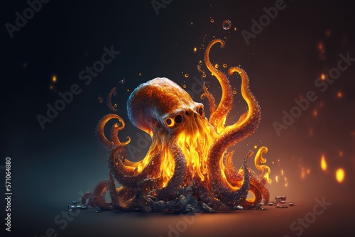 Abstract illustration of a burning octopus in flames. AI generative