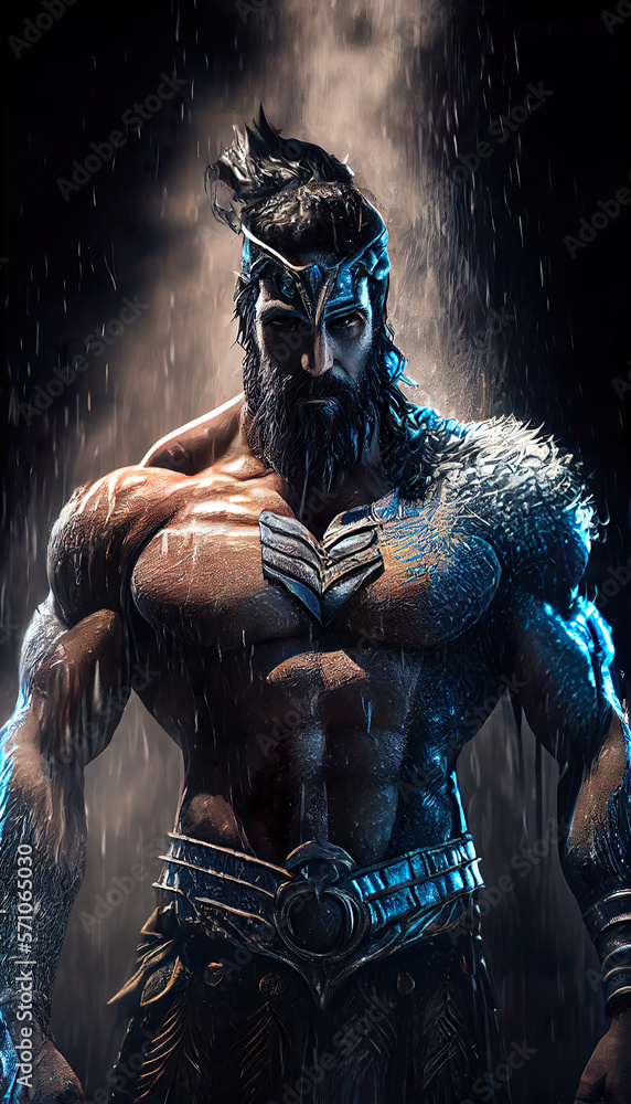 Poseidon. Ancient Greek God, Poseidon is the god of the sea, waters, horses and earthquakes. illustration, artwork, Non-existent person Poseidon. Ancient Greek God, Poseidon is the god of the sea, waters, horses and earthquakes. illustration, artwork, Non-existent person