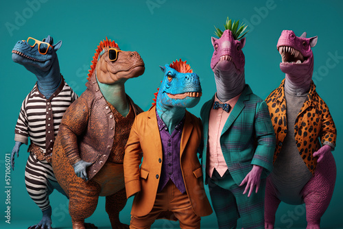 Group studio portrait of body-positive dinosaurs in the modern clothes, concept of Body-Acceptance and Self-Love, created with Generative AI technology © RealPeopleStudio