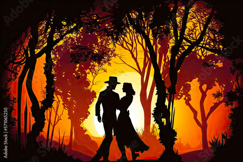 dance of argentine cosines in evening tango dancers couple silhouette in nature, generative ai photo