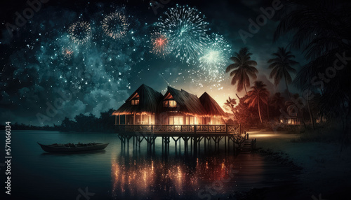 Bungalows and palm trees on the beach against the backdrop of beautiful fireworks in the starry night sky, celebrating New Year, birthday, Christmas, Independence Day or other holiday. Generative AI