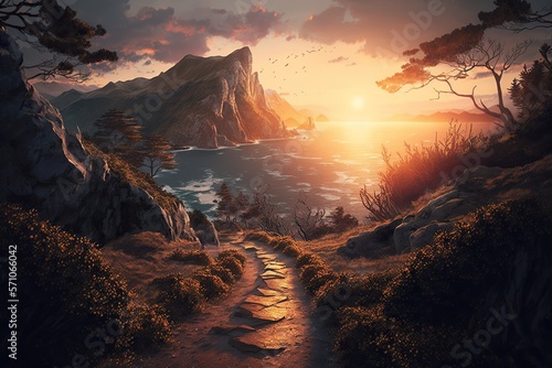 scenic mountain view of sun setting over ocean and forest with a hiking trail, concept of Vast landscape and Natural beauty, created with Generative AI technology