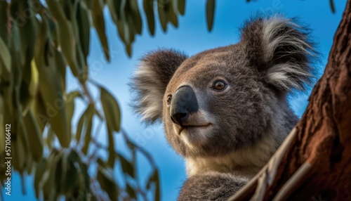 A close up of a curious koala, sitting in a eucalyptus tree, surrounded by green leaves and a clear blue sky generative ai