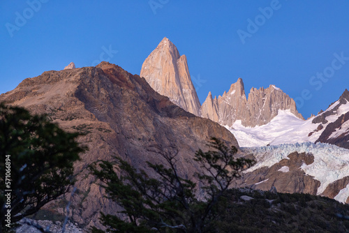 Beautiful Glaciar Piedras Blancas in the first morning light while hiking to Laguna de los Tres and Mount Fitz Roy in Patagonia, Argentina, South America 