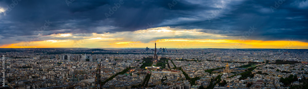 Fototapeta premium Aerial sunset ultra panorama of Paris with Eiffel Tower, France