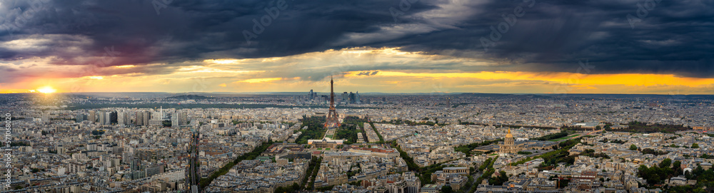 Aerial sunset ultra panorama of Paris with Eiffel Tower, France