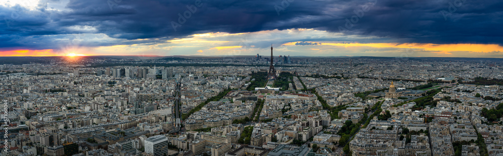 Aerial sunset view of Paris with Eiffel Tower. France