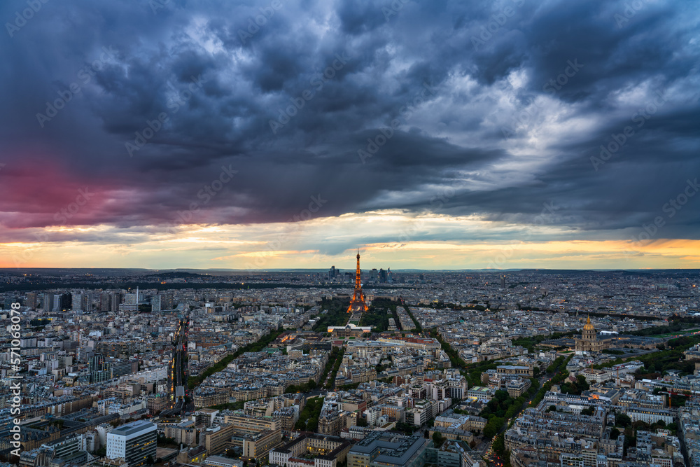 Aerial view of Paris with Eiffel Tower. France