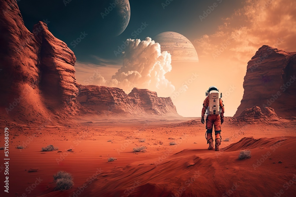 Astronaut on planet Mars, looking at a martian colony. Fantasy landscape in space, AI Illustration Astronaut on planet Mars, looking at a martian colony. Fantasy landscape in space, AI Illustration