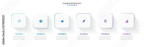 Timeline infographic with infochart. Modern presentation template with 6 spets for business process. Website template on white background for concept modern design. Horizontal layout.