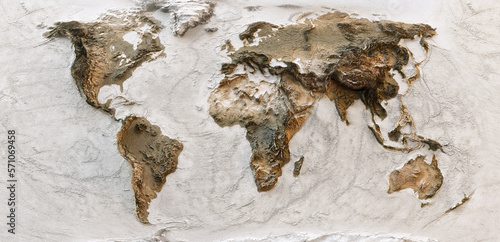 Fototapeta Trójwymiarowa mapa świata Ziemi z wyraźną rzeźbą topograficzną.