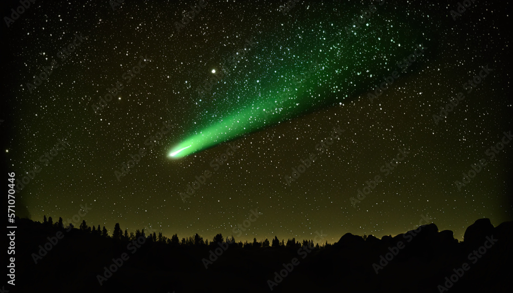 Green comet flying through night over silhouetted trees. Generative AI illustration - obrazy, fototapety, plakaty 