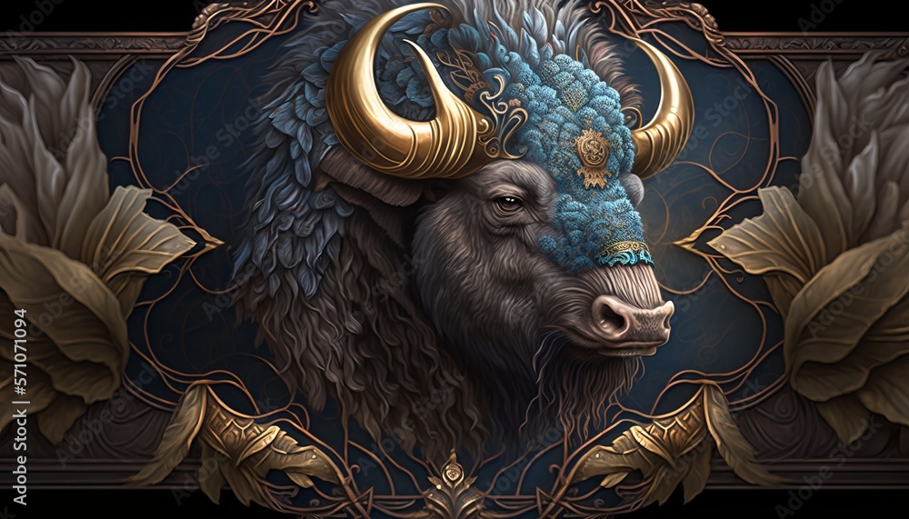 Bison with ornaments. AI generative. 