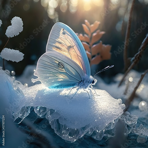 Beautiful blue butterfly sits in snow in a backlit forest.  © mdurson