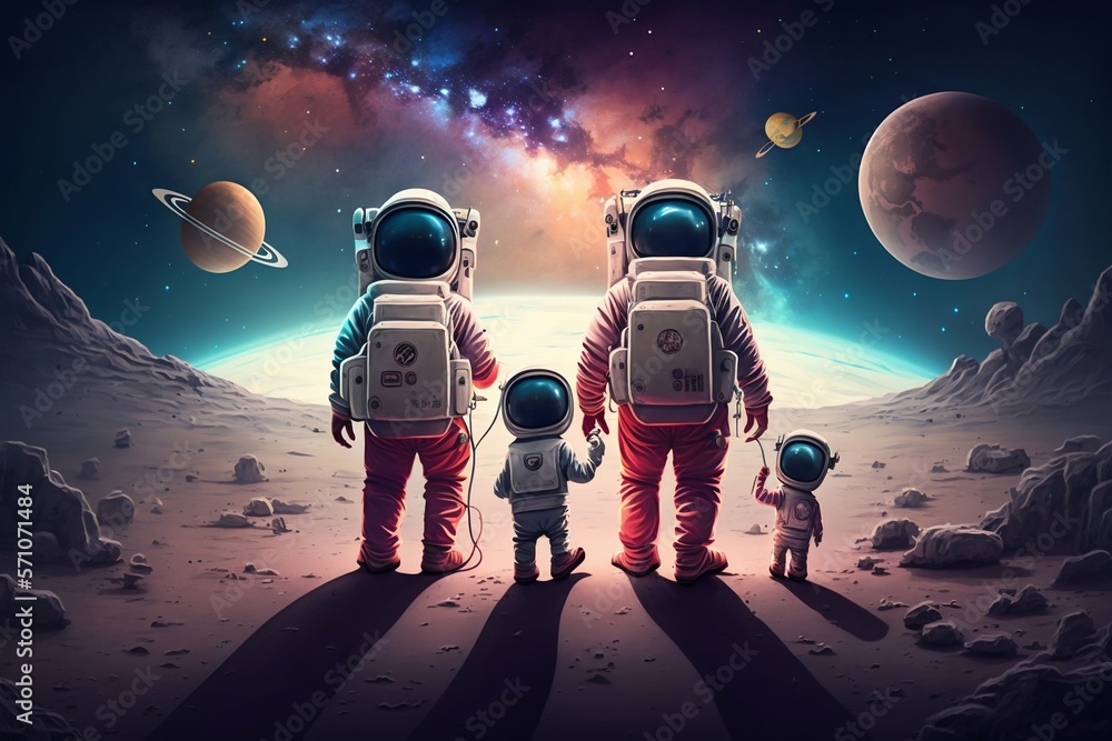 Family Astronauts Tourists Colonizers Vacation Trip on other Planet. Generative AI