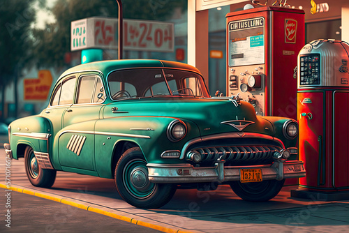 vintage car in modern city standing at gas station next to fuel pump, generative ai photo