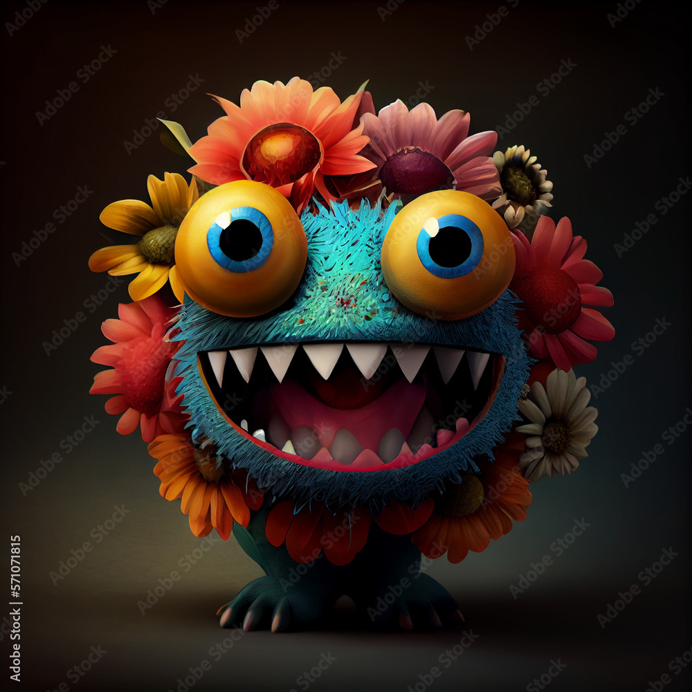 Naklejka premium colorful monster flower wide smile with sharp tooth 