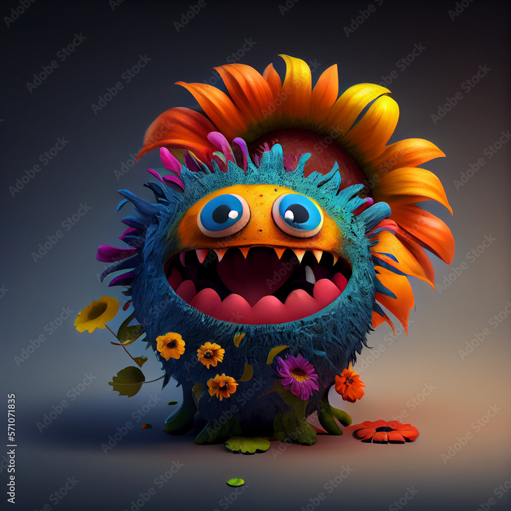 colorful flower monster smile with sharp tooth