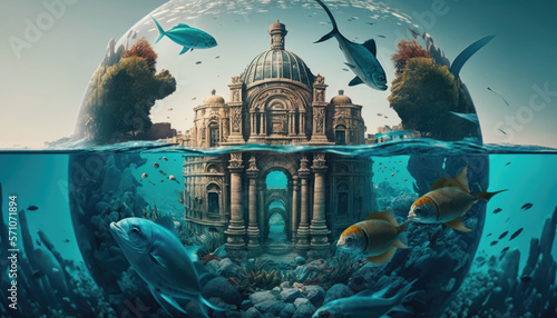 Underwater City with Coral and Fish
