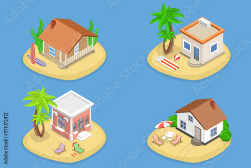3D Isometric Flat Vector Set of Bungalows, Dwelling Huts, Tropical Cottages